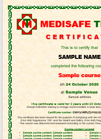 MEDISAFE TRAINING sample certificate